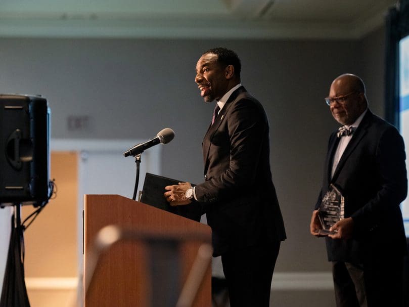 Mayor of Atlanta Andre Dickens speaks to the crowd after receiving the 2022 Hope Builder Award at the Morning of Hope event hosted by St. Vincent de Paul.  The award recognized his initiatives for affordable housing. Photo by Johnathon Kelso