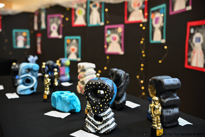 Sculptures are displayed outside the gymnasium on Sept. 30 during the Pinecrest Academy assembly organized to contact NASA astronaut Col. Mike Fincke aboard the International Space Station. Students created abstract foam sculptures inspired by space bodies photographed by the Hubble and James Webb Telescopes.  Photo by Julianna Leopold