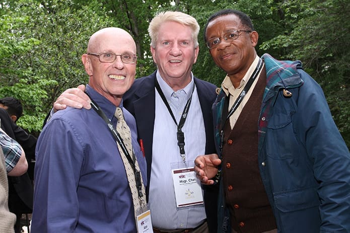 (L-r) National Federation of Priestsâ Councils research and projects team member Alan Szafraniec poses with Msgr. Chet Moczydlowski and Father John Judie. Msgr. Moczydlowski is the pastor of St. John the Beloved Church, Summerville, S.C. Father Judie is the pastor of Christ the King Church and Immaculate Heart of Mary Church, Louisville, Ky. Photo By Michael Alexander