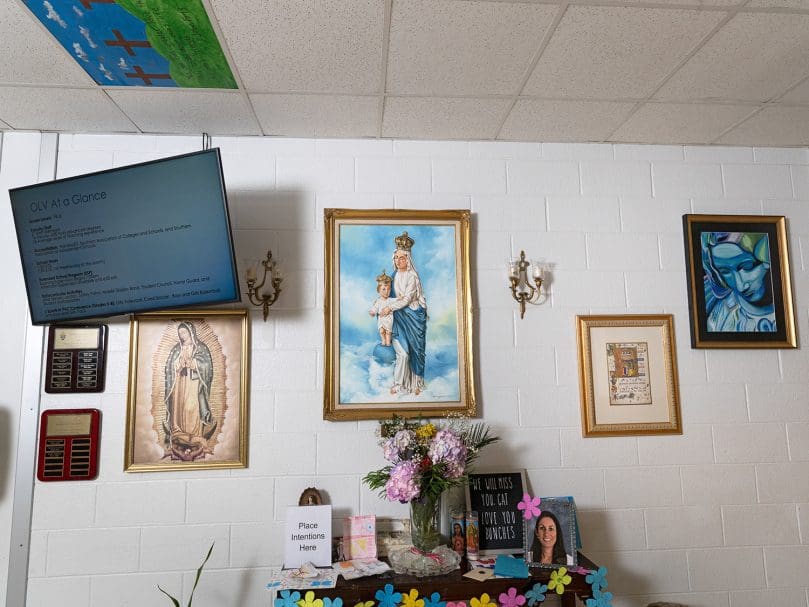Images of Our Lady adorn the walls at the entrance of Tyrone's Our Lady of Victory School. Photo by Johnathon Kelso
