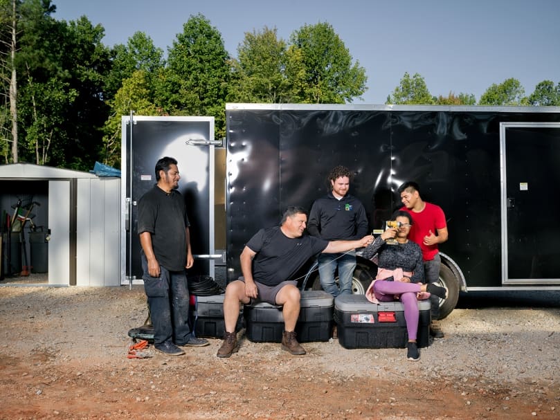 The Peachtree Farm crew includes, from left to right, Jose Morallas, President Mike Twiner, Executive Director Joe Twiner, Sophia Larrier and Joseph Newton. Photo by Johnathon Kelso