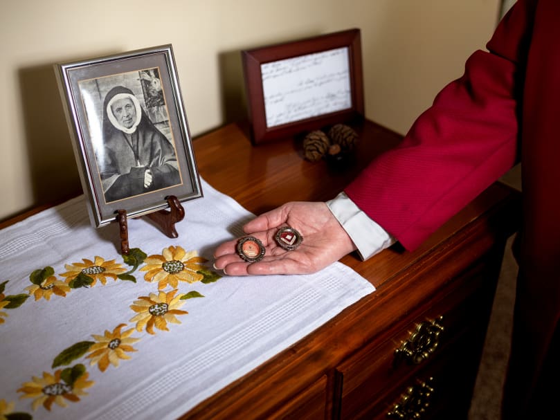 FLOWERY BRANCH, GA - OCTOBER 26, 2021: Sister Susan Arcaro holds relics of St. Thérèse Couderc. Photographer: Johnathon Kelso