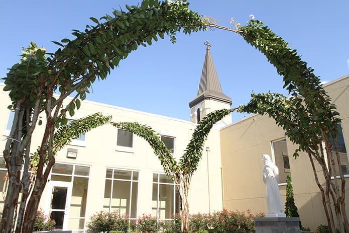 A view of the steeple can be seen through a tree arch on the Riverside Road side of the church. Photo By Michael Alexander