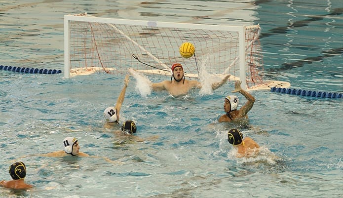 St. Pius X senior goalkeeper Andres Garcia guards the 10-foot, netted area behind him. Garcia had 15 saves in the Oct. 9 finals of the Georgia High School Water Polo Association (GHSWPA) State Championship. Pius defeated Southern Crescent 4-3 in the championship match. Photo By Michael Alexander
