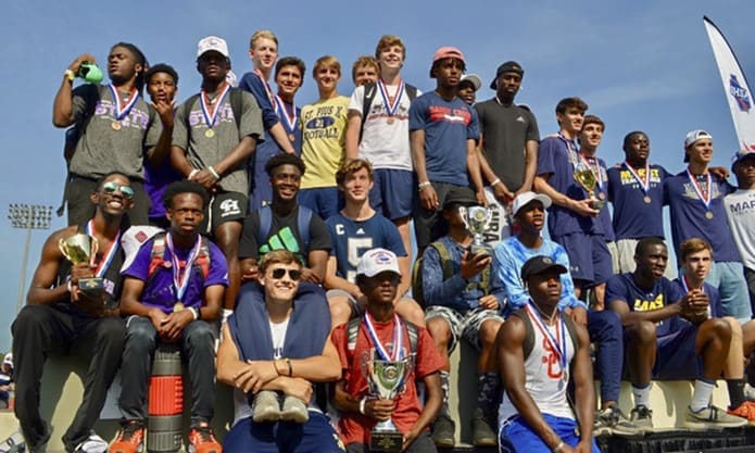 St. Pius X High School, Atlanta, celebrates after earning its first state championship in boys track and field since 2014, and its first as a part of Class AAAA after moving from Class AAA beginning with the 2014-2015 school year.