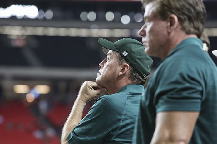 Blessed Trinity head coach Tim McFarlin (hand on chin) intensely watches his team’s defense try to prevent Westminster from scoring in the fourth quarter. Photo By Michael Alexander