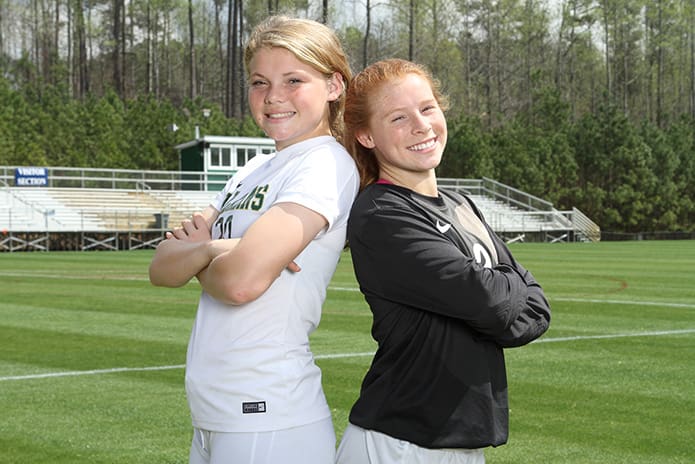 Sophomore Haley Triplett, left, the center defender on the soccer team, and her sister, Ashley, the goalkeeper, played together for one season. Ashley, a member of the class of 2017, will be playing soccer at West Virginia University, Morgantown, W. Va., where she plans to major in broadcast journalism. Photo By Michael Alexander