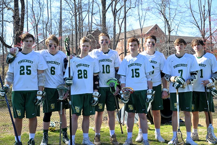 Pinecrest Academy lacrosse siblings (l-r) Stone (sophomore) and Wills (senior) Brown, Brendan (freshman) and Collin (senior) Spillane, Jack (freshman) and Stephen (senior) Morrissey and Robert (sophomore) and Jack (senior) Binkley played together during the 2017 season. Later in the year the older siblings, Wills Brown, Collin Spillane, Stephen Morrissey and Jack Binkley will attend Purdue University, the University of Maryland, the University of Georgia and Arizona State University, respectively. Photo By Bill Brown