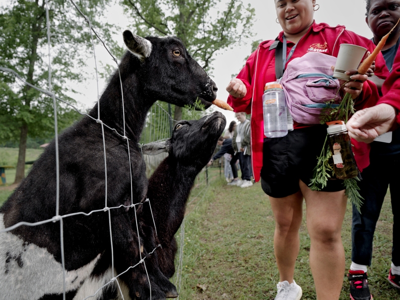 Toni's Camp core member Leslie Pinon and camper KeKe Manning feed goats during a day of activities. The camp is for those with disabilities and gives their family members a time of respite. Photo by Johnathon Kelso