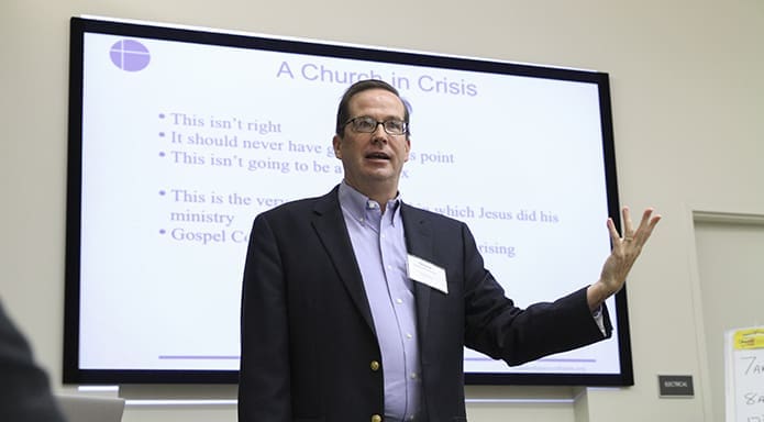 Dennis Corcoran, the managing director of Corcoran Consulting, LLC, gives a presentation on building advisory councils during the second day of the Toolbox for Pastoral Management at the Monastery of the Holy Spirit, Conyers. Photo By Michael Alexander