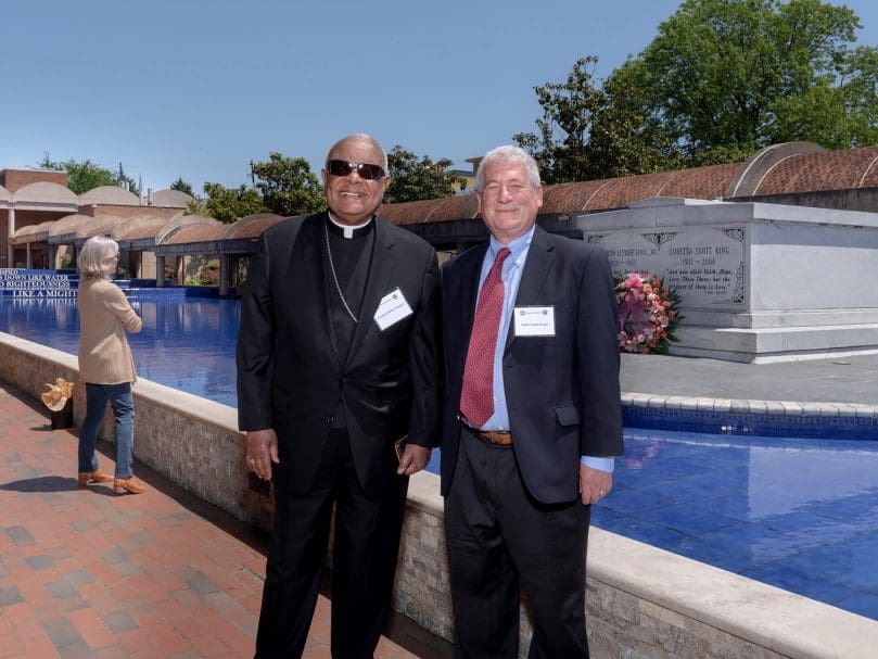 Cardinal Wilton Gregory of Washington, left, stands with Rabbi David Straus, right, at the crypts of Martin Luther King Jr. and Coretta Scott King during a three-day dialogue event between Jewish and Catholic leaders May 9-11. Rabbi Straus is executive director of the National Council of Synagogues.