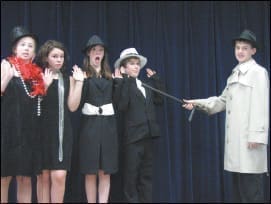 (L-r) Sarah Smith, Clara Suarez-Nugent, Emily Penn, Kevin Claussen and Conner McDowell perform in “Flapper” at Immaculate Heart of Mary School, Atlanta.