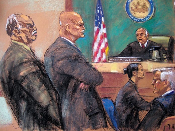 Dr. Kermit Gosnell is shown in a courtroom artist sketch during his sentencing at Philadelphia Common Pleas Court in Philadelphia May 15. Gosnell was sent to prison to serve three life terms without parole for murdering babies during late-term abortions and for other crimes at his squalid clinic. In a deal that spared him from the death penalty, Gosnell faced a judge in a two-day sentencing after waiving his right to appeal his conviction on three counts of first-degree murder. Also seen in the sketch are Gosnell’s attorney, Jack McMahon; Judge Jeffrey P. Minehart; an unidentified court reporter; and prosecutor Edward Cameron.