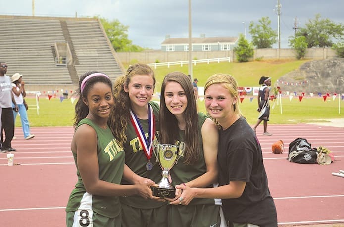 (L-r) Zion Lewis, Megan Miller, Libby Tillman and Jackie Kinney ran for the Blessed Trinity High School state champion 4x100 relay team in Albany, May 11.