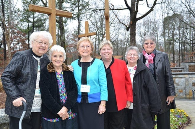 Parishioners from St. Mary Magdalene Church, Newnan, show their support for Marilyn Kemeza, third from left, who was the parish honoree. With her, left to right, are Dorothy Rogala, Helen Passantino, Shirley Towle, Midge Beals and Judy Williams. (Photo by Cindy Connell Palmer/Archdiocese of Atlanta).