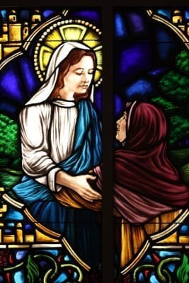 Created by Lynchburg Stain Glass, Lynchburg, Va., this stained glass image of the Visitation is located is at Holy Spirit Church, Atlanta, in the left transept among the first level of windows. Photo by Michael Alexander