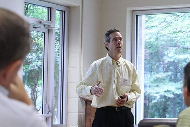Sean Callahan, chief operating officer of Catholic Relief Services (CRS), Baltimore, Md., gives an overview of CRS’s new strategy during the organization’s Southeast Regional Gathering, which took place at Ignatius House, Atlanta, Aug. 13-15. Photo By Michael Alexander