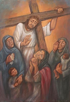 Josef Mahler illustrates Jesus meeting the women. The painting is one in a series of images he started creating surrounding the Way of the Cross after Easter, 2013. Mahler plans to complete the entire series by the end of Lent, 2014. Photo By Michael Alexander