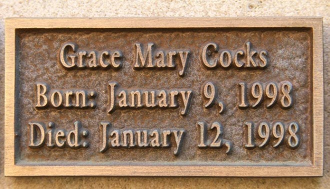 The marker inside the Amelia Mary Memorial Garden at Holy Spirit Church, Atlanta, bears the name of Ellen and Stephen Cocks’ deceased daughter Grace. Photo By Michael Alexander