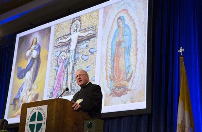 New York Cardinal Timothy M. Dolan, outgoing president of the U.S. Conference of Catholic Bishops, addresses the annual fall meeting of the bishops Nov. 11 in Baltimore. CNS photo/Nancy Phelan Wiechec