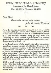 Pictured is a prayer card from President John F. Kennedy’s funeral Mass at St. Matthew's Cathedral in Washington Nov. 25, 1963. CNS photo/courtesy Catholic Standard