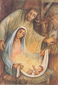 Originally done in black and white, North Georgia Catholic artist Josef Mahler’s color image of the Nativity was created in the mid-1990s. He was aiming to show how our Messiah came into the world as a person of poor and simple means. Photo by Michael Alexander