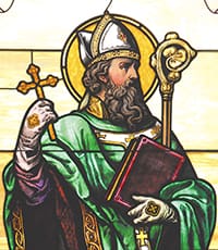St. Patrick is depicted in a stained-glass window at the Co-Cathedral of St. Joseph in Brooklyn, N.Y. The feast of St. Patrick, the patron of Ireland honored for his leadership in evangelizing that country in the fifth century, is March 17. CNS photo/Gregory A. Shemitz, Long Island Catholic
