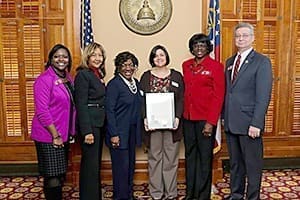 On March 18 Family Promise of New Rock was honored by the Georgia House of Representatives, commending the program for fighting homelessness in Newton and Rockdale counties. Shown, left to right, are Reps. Tonya Anderson (D-Lithonia), Pam Stephenson (D-Atlanta), Dee Dawkins-Haigler (D-Lithonia), Erin White, network director of Family Promise of New Rock, Pam Dickerson (D-Conyers), and Tom Kirby (R-Loganville).