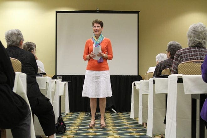 Marian Monahan, a spiritual director and religious educator, speaks to 35 women about marriage and the diaconate during a wives program at the National Association of Diaconate Directors' convention, April 23. Her husband, William, was ordained a permanent deacon for the Archdiocese of Atlanta in 1991. Photo By Michael Alexander 