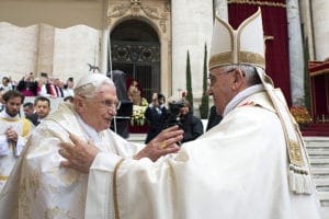Retired Pope Benedict XVI embraces Pope Francis before the canonization Mass for Sts. John XXIII and John Paul II in St. Peter's Square at the Vatican April 27. (CNS photo/L'Osservatore Romano via Reuters) 