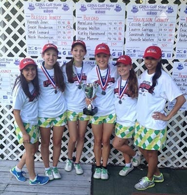 Blessed Trinity's golf team captured the state championship by beating defending state champion North Oconee High School. Team members pictured include (l-r) Alana Hagley, Sarah Leonard, Nicole Henderson, Gracie Henderson, Hannah Jones and head coach Tamara Chavis.