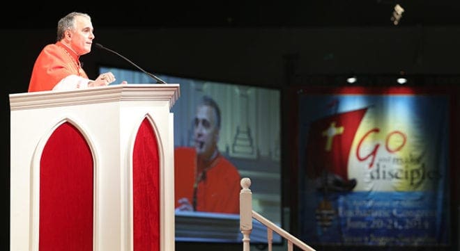 Cardinal Daniel DiNardo, of the Archdiocese of Galveston-Houston, Texas, delivers the morning homily on the second day of the 2014 Eucharistic Congress. 