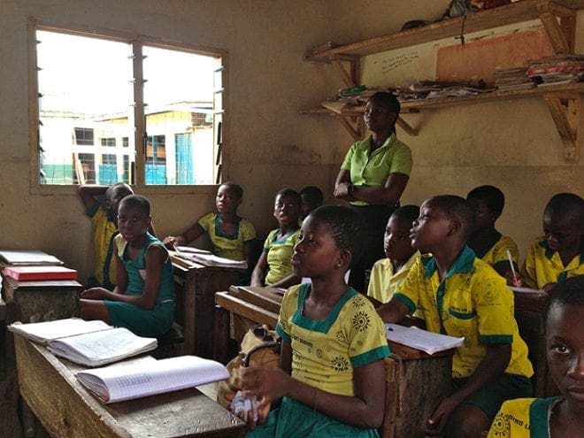 Celestine, a 20-year-old teacher in Ghana, uses a small-group rotation method of instruction in the classroom. The concept was introduced by St. John Neumann teacher Emily Ice, who was there to assist teachers and launch software programs.