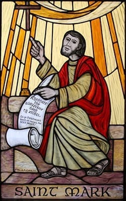 A stained glass window of the church’s patron saint can be found inside the sanctuary. It is the work of artist and parishioner Josef Mahler. Photo By Michael Alexander