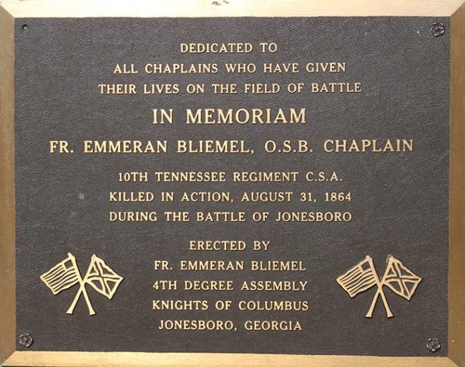 This is a close-up of the memorial headstone on the grounds of the historic courthouse in Jonesboro that honors Civil War chaplain and Benedictine Father Emmeran Bliemel. Photo By Michael Alexander