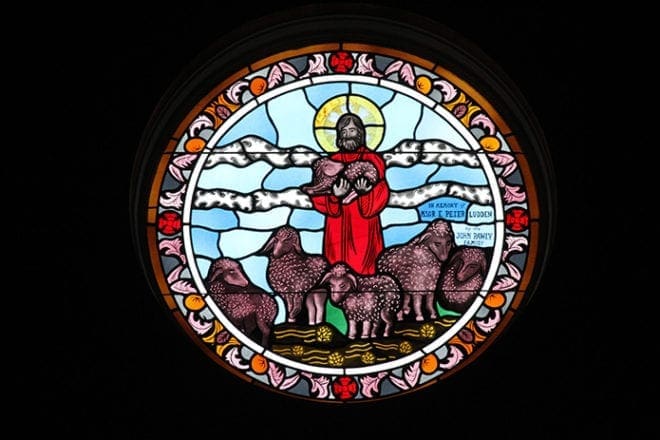 The stained glass window of the Good Shepherd above the altar in the new chapel was moved from the old chapel, which was converted into a new sacristy. Cistercian monk Father Methodius Telnack originally designed and created it. Photo By Michael Alexander