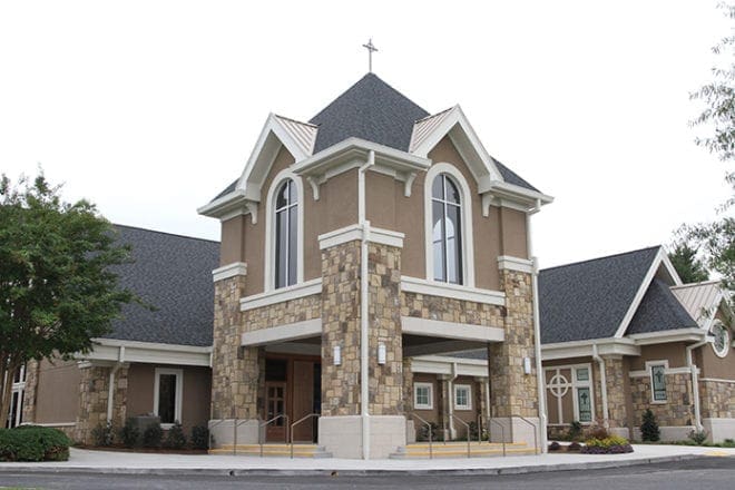 A new entry tower was added that leads into a larger narthex. Immediately to the right is the former main entrance and the location of the new Blessed Sacrament chapel. Photo By Michael Alexander