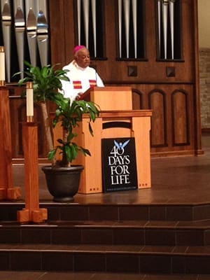 Archbishop Wilton D. Gregory speaks at the Sept. 23 beginning to 40 Days for Life at Immaculate Heart of Mary Church, Atlanta. The event continues until Nov. 2. Photo By Allen Kinzly