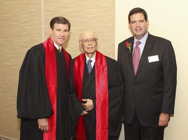 (L-r) St. Thomas More Award recipients, the Honorable William H. Pryor Jr. from the United States Court of Appeals for the Eleventh Circuit, and the Honorable Horace Ward from the United States District Court for the northern district of Georgia, join St. Thomas More Society board of directors member, Brent Herrin, for a photo prior to the Oct. 9 Red Mass.