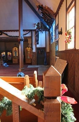 The Christmas decorations are still intact at Epiphany Byzantine Catholic Church, Roswell, after a Dec. 14 arson fire damaged the ceiling and wall in the church’s southeast corner. Photo By Michael Alexander