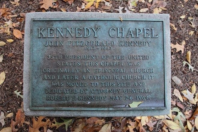 A marker in front of the Kennedy Chapel on the University of West Georgia campus signifies the occasion of Robert Kennedy’s 1964 presence at the groundbreaking for the chapel that would be moved to the site and bear his brother John F. Kennedy’s name. Photo By Michael Alexander