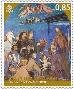 The 2014 Vatican Christmas stamp is a joint issue with Pope Francis' native Argentina. The Nativity scene is from a painting by Argentine artist Raul Soldi (1905-1994). CNS photo/courtesy Vatican Philatelic and Numismatic Office