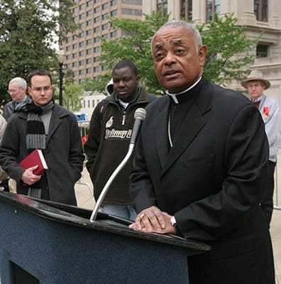 Archbishop Wilton D. Gregory gives some opening remarks during the 2007 Good Friday Pilgrimage on the steps of the Georgia State Capitol, Atlanta. Photo By Michael Alexander