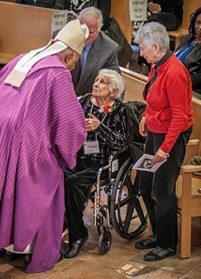 Millie Sutton, 99, of St. Joseph Church, Marietta, was the oldest honoree at the AACCW’s annual Recognition Day, which acknowledged the service of Women of the Year from more than half of the parishes in the archdiocese. Archbishop Wilton D. Gregory presented the award to the nonagenarian, who helps in the parish office with mailings and bulletins and assists at luncheons. Photo by Thomas Spink