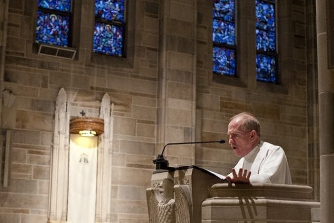 Jesuit Father Joseph McShane, Fordham president, gives the keynote address at the ecumenical gathering, where he said joint work as disciples might best advance the cause of Christian unity. He holds a doctorate in the history of Christianity. Photo By Jessie Parks