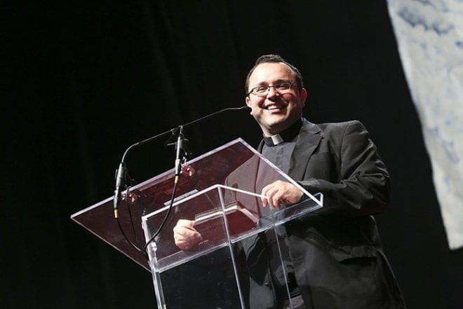 Father Carlos Vargas, pastor of Good Samaritan Church, Ellijay, is the introductory speaker in the Spanish track. Photo By Michael Alexander