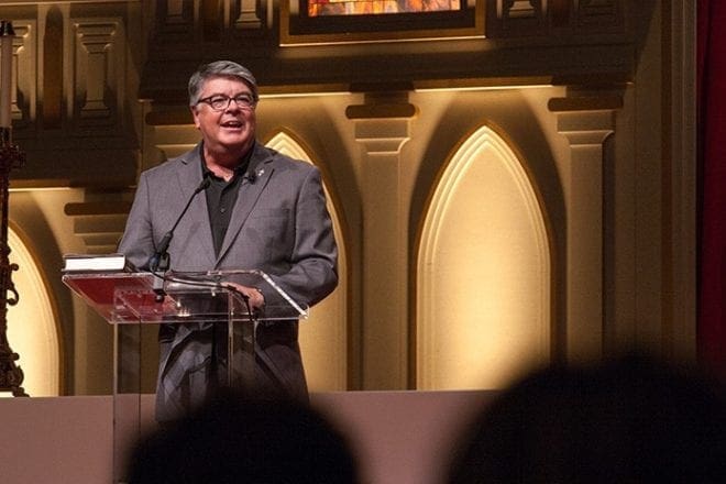 Deacon Dennis Dorner, chancellor of the Archdiocese of Atlanta and head of the organizing committee for the Eucharistic Congress, talks about his holy hour of adoration and what it means to him. Photo By Thomas Spink