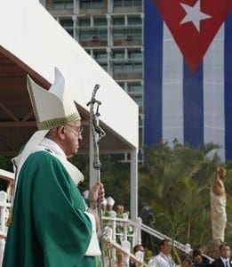 Cuba's flag is seen as Pope Francis prepares to celebrate Mass in Revolution Square in Havana Sept. 20. CNS Photo/Paul Haring