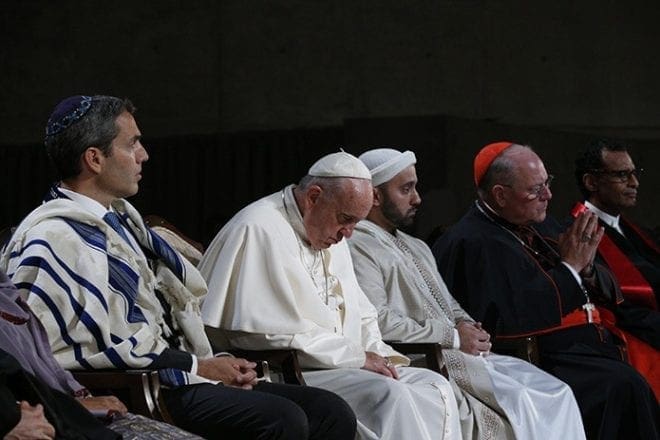 Pope Francis joins representatives of religious communities for meditations on peace in Foundation Hall at the ground zero 9/11 Memorial and Museum in New York Sept. 25. CNS Photo/Paul Haring