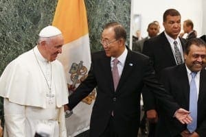U.N. Secretary-General Ban Ki-moon welcomes Pope Francis to the United Nations headquarters in New York Sept. 25. CNS Photo/Paul Haring